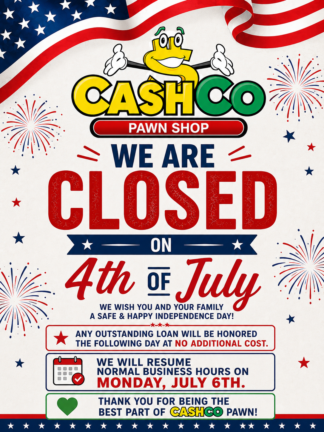 Memorial Day closure notice - CashCo Pawn closed May 25th