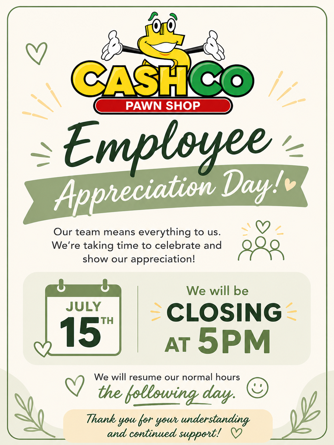 Memorial Day closure notice - CashCo Pawn closed May 25th