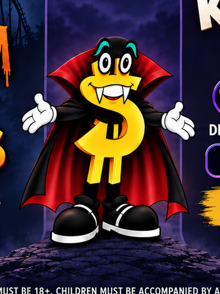 CashCo mascot Cashy dressed as a vampire for Hallowin