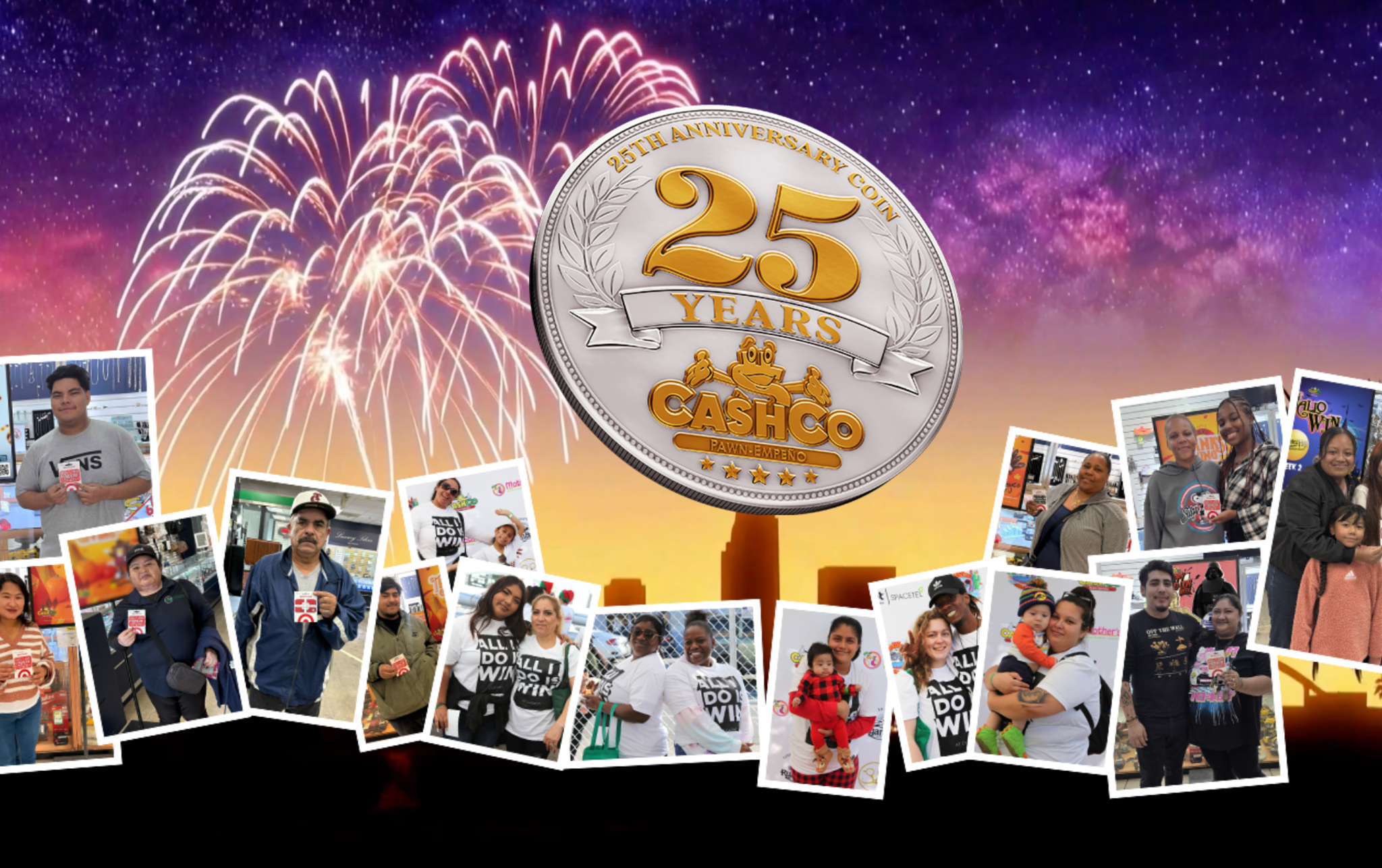CashCo 25 year anniversary collage featuring team members and customers